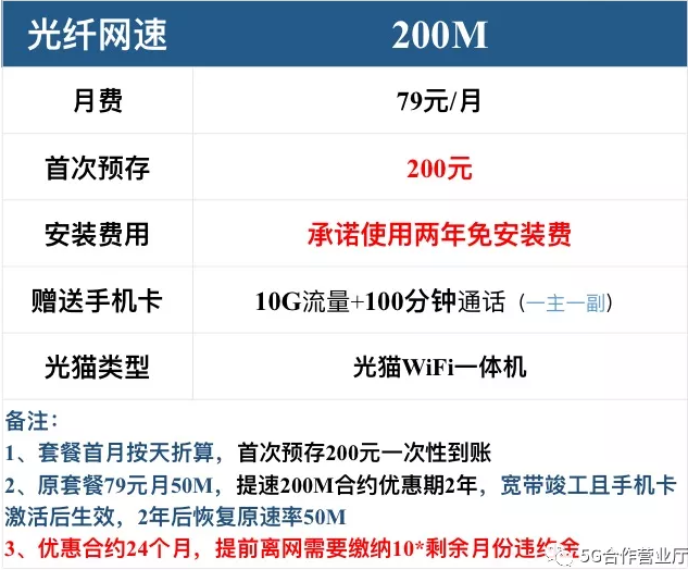 200M电信宽带套餐价格表