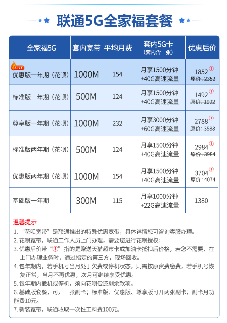022北京联通宽带WIFI套餐价格表