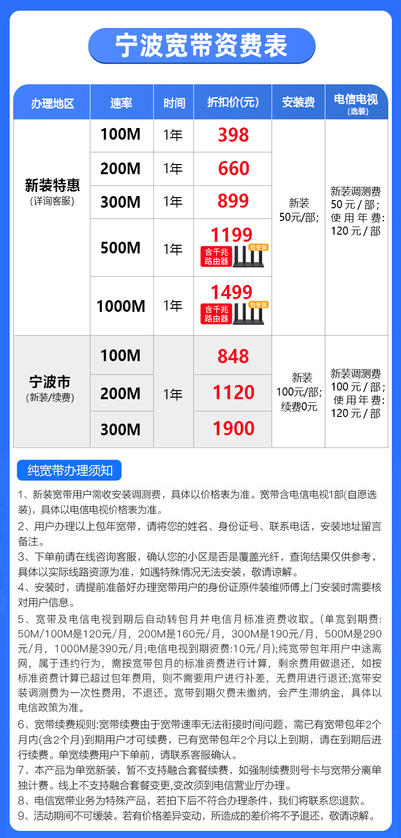 浙江宁波电信宽带办理安装 2022宁波电信宽带套餐价格表