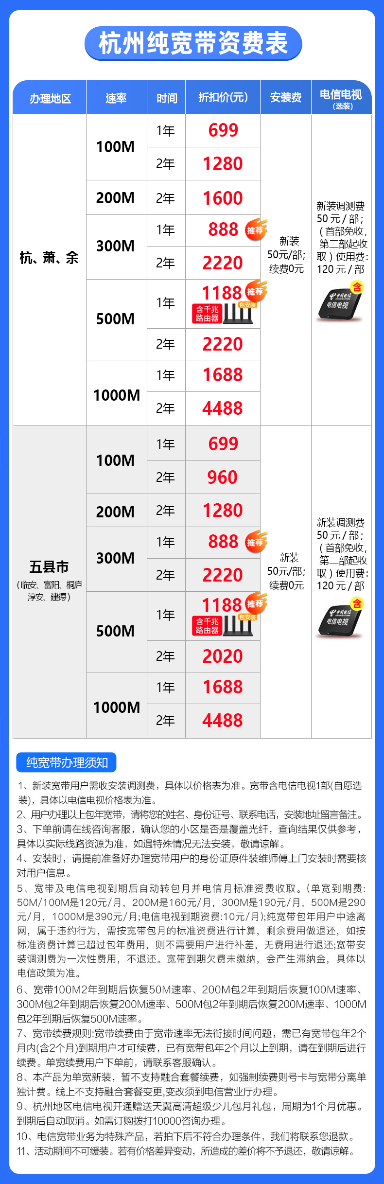 2022杭州电信WIFI宽带套餐表 杭州电信宽带报装电话