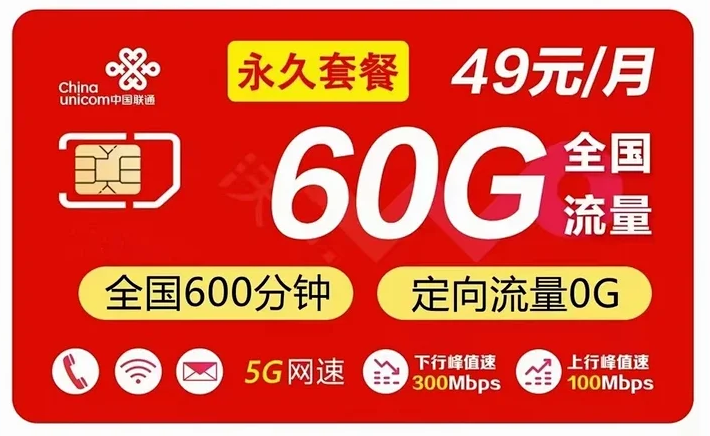 广东联通先锋卡49元月租（60G流量+600分钟通话）