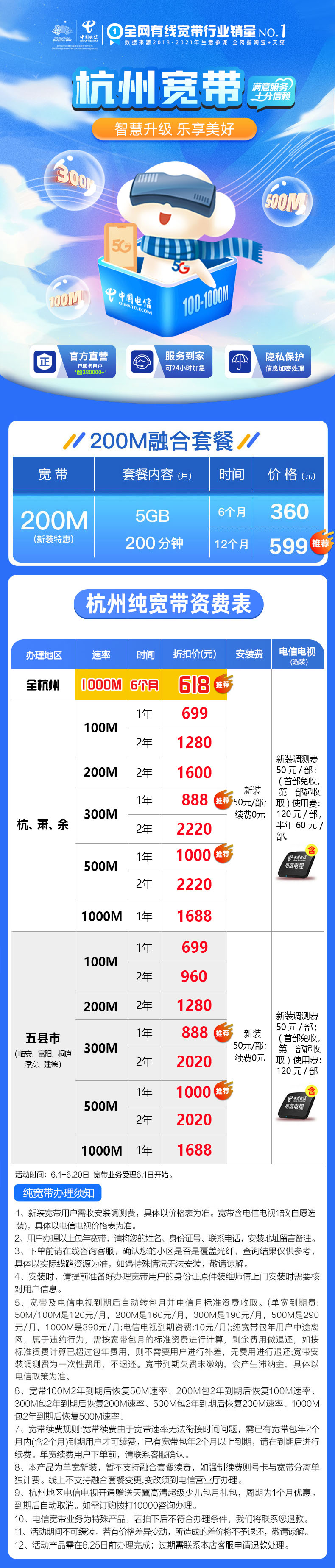 杭州电信营业厅宽带报装 200M599（办理包年送5G手机卡）插图