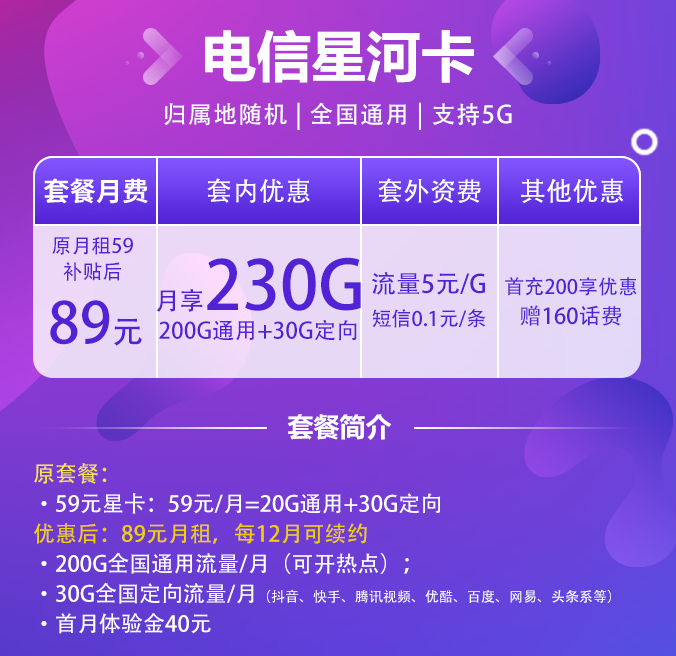 电信星河卡套餐（89元月租230G全国流量）