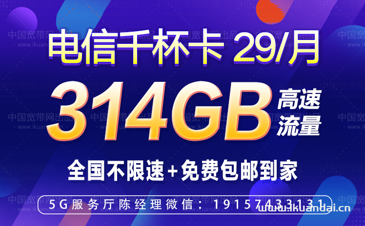 电信千杯卡29元包84G通用流量+230G定向流量