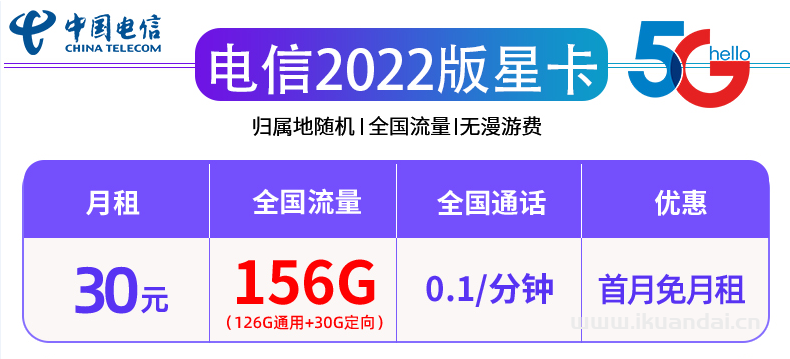 电信星云卡套餐介绍（30/月156G流量+通话0.1/分钟）