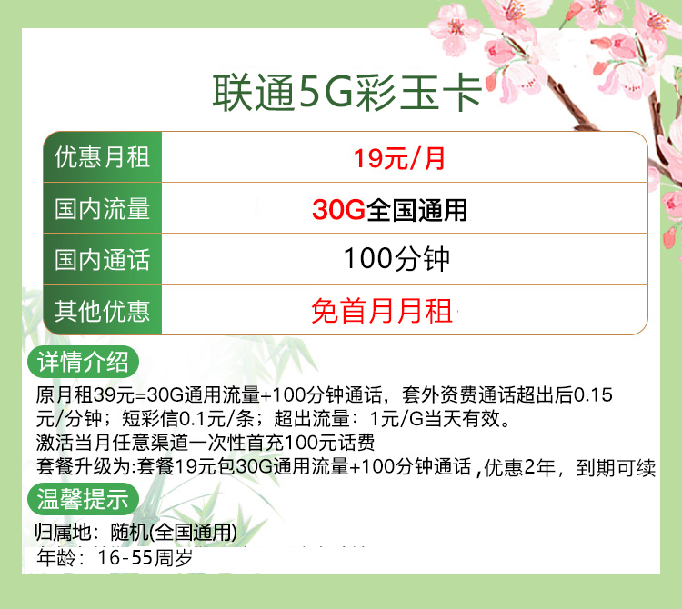 联通5G流量卡（30GB通用流量+100分钟全国通话）