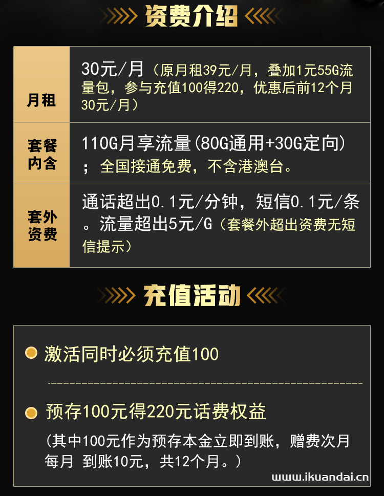 电信星雨卡30元包110GB流量套餐介绍