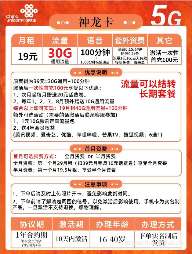 联通神龙卡19元包30G流量+100分钟通话+送视频会员