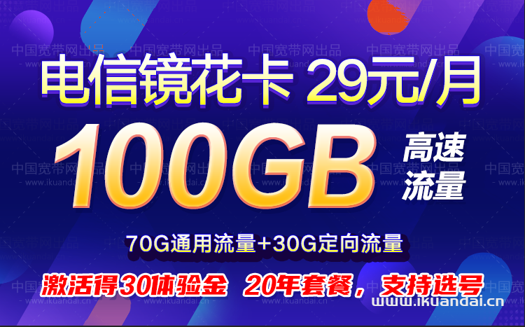 电信镜花卡 29元/月70G全国流量+30G定向流量（20年套餐，支持选号）