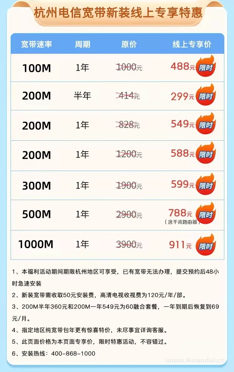 【双十一】杭州电信宽带套餐价格表优惠大全