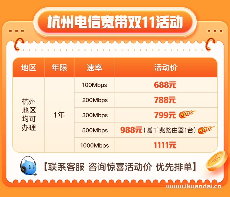 浙江杭州电信宽带100M200M300M新装办理优惠套餐