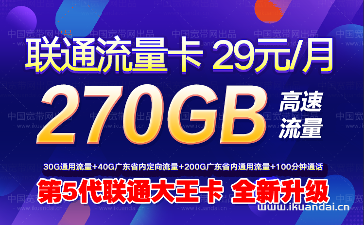 联通大王卡29元270G流量+100分钟通话（第5代全新升级版）
