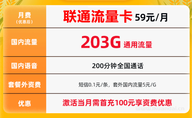 全新联通流量卡203GB通用流量+200分钟通话（申请办理入口）插图