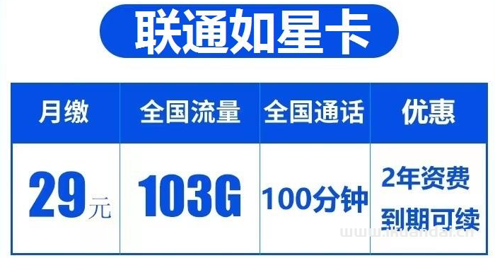 联通如星卡29元月包103G通用流量+100分钟通话