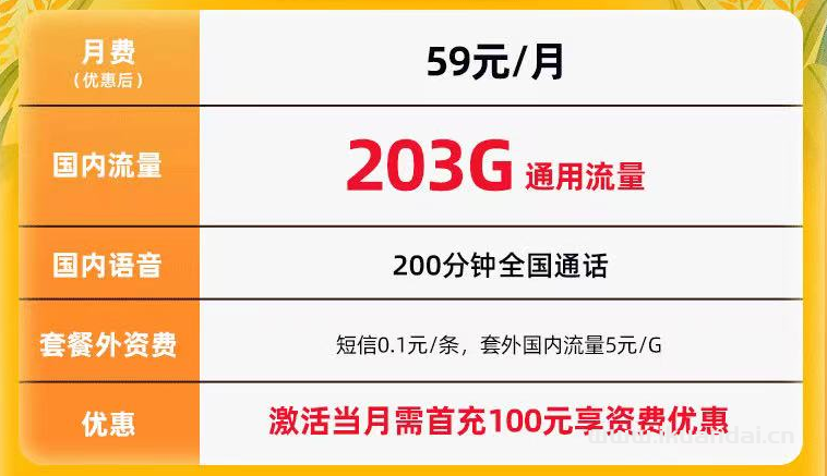 联通如星卡29元月包103G通用流量+100分钟通话
