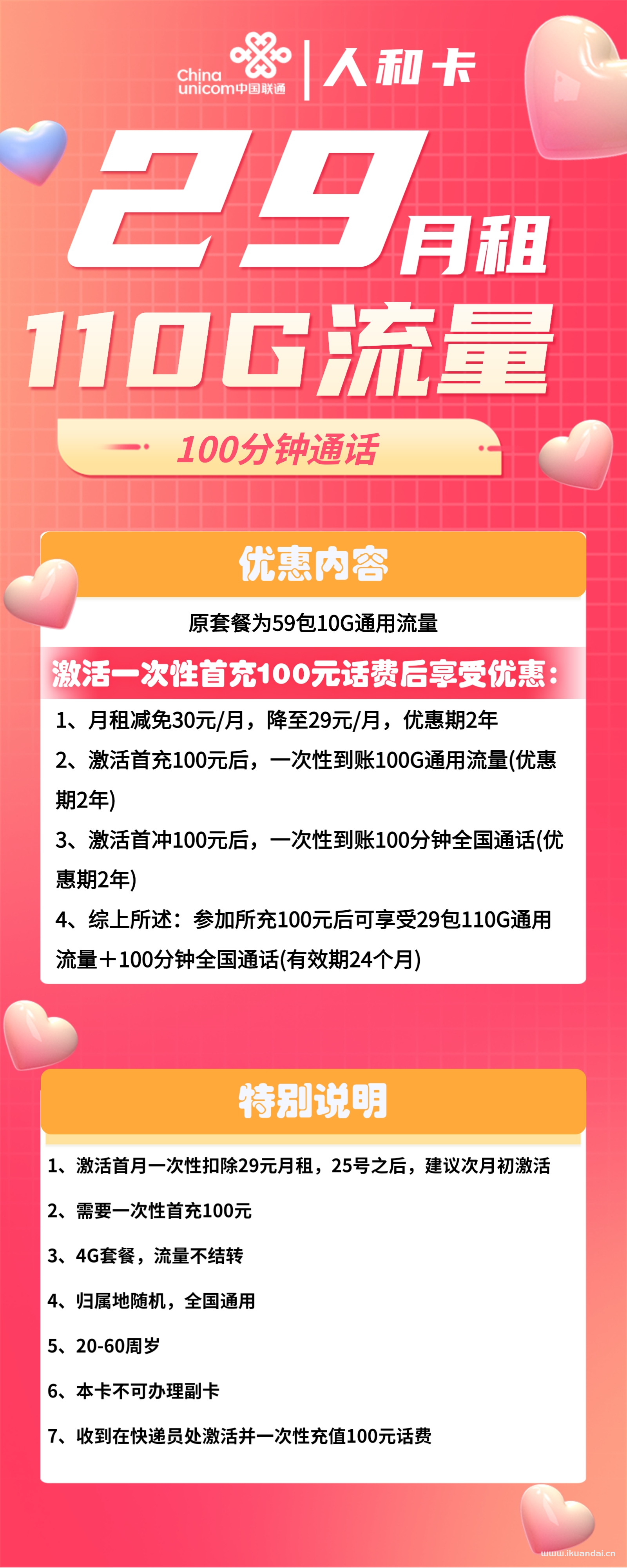 陕西联通人和卡29元包110G通用+100分钟通话流量卡套餐介绍插图2