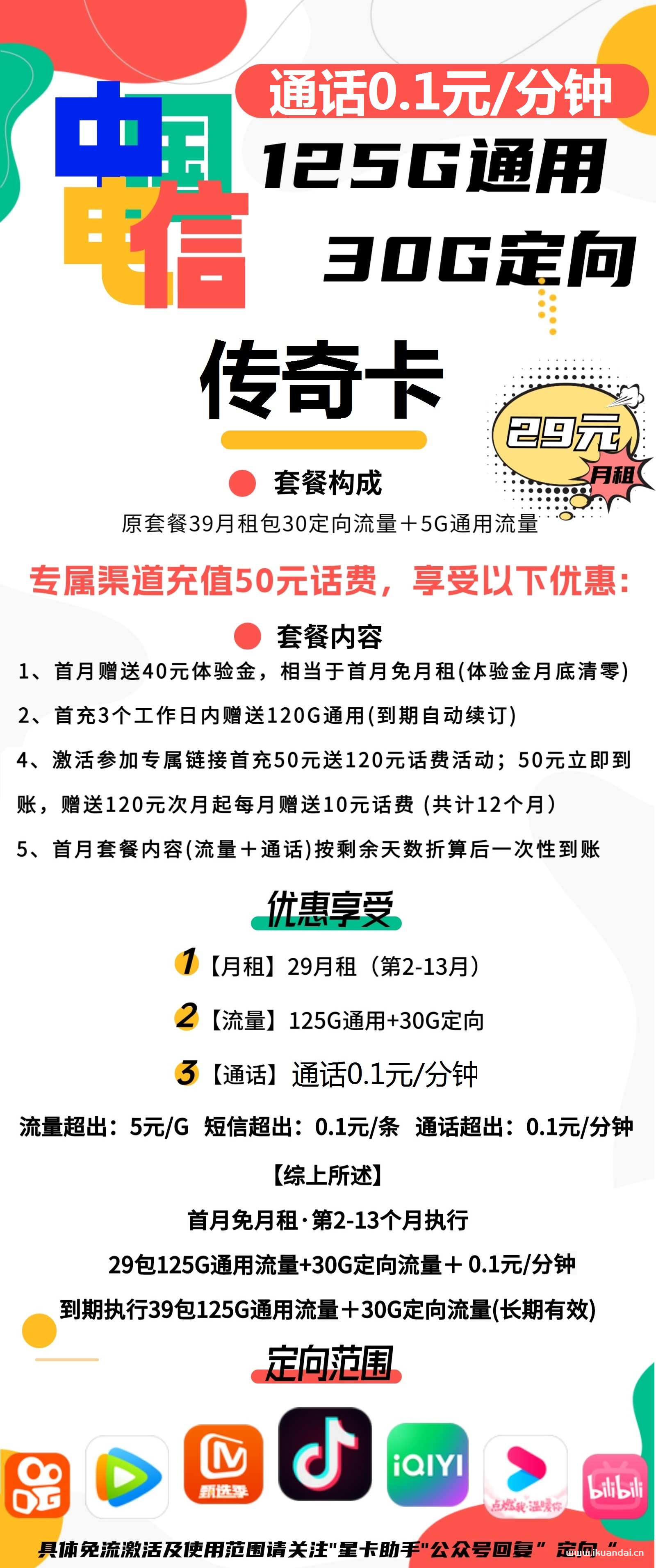 电信传奇卡 29元/月155G全国流量卡办理入口