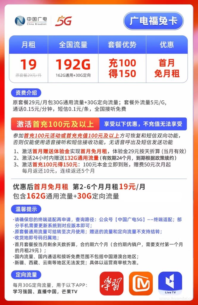 广电手机流量卡192G全国流量，靓号自号（福兔卡申请办理入口）