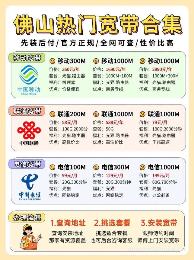 2024年8月佛山电信、联通、移动宽带套餐价格（佛山便宜宽带办理安装）