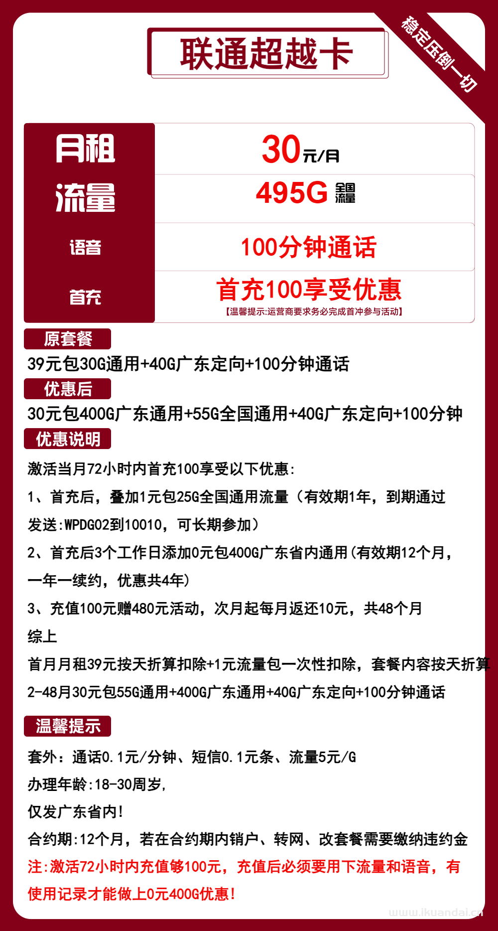广东联通大王卡30元495G流量+100分钟套餐介绍（超越卡申请办理入口）