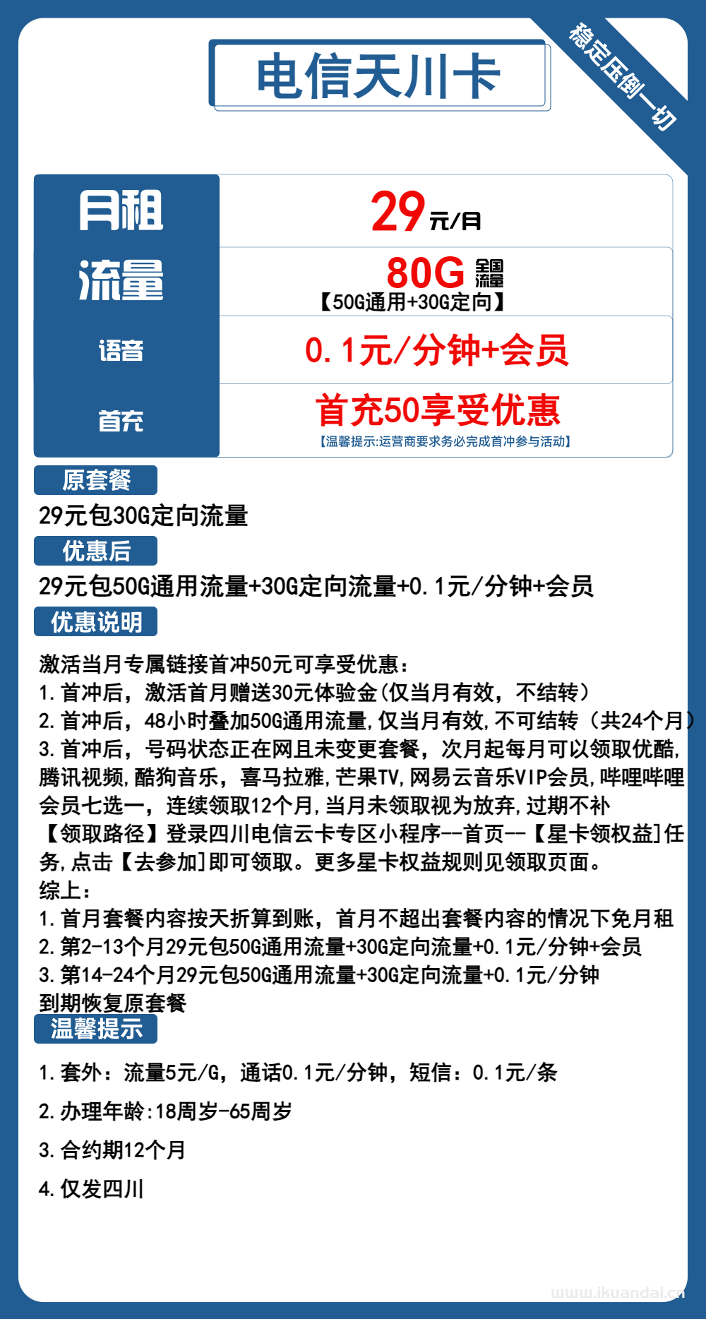 中国电信大王卡29元50G通用+30G定向+会员（四川电信本地归属手机号码申请办理入口）