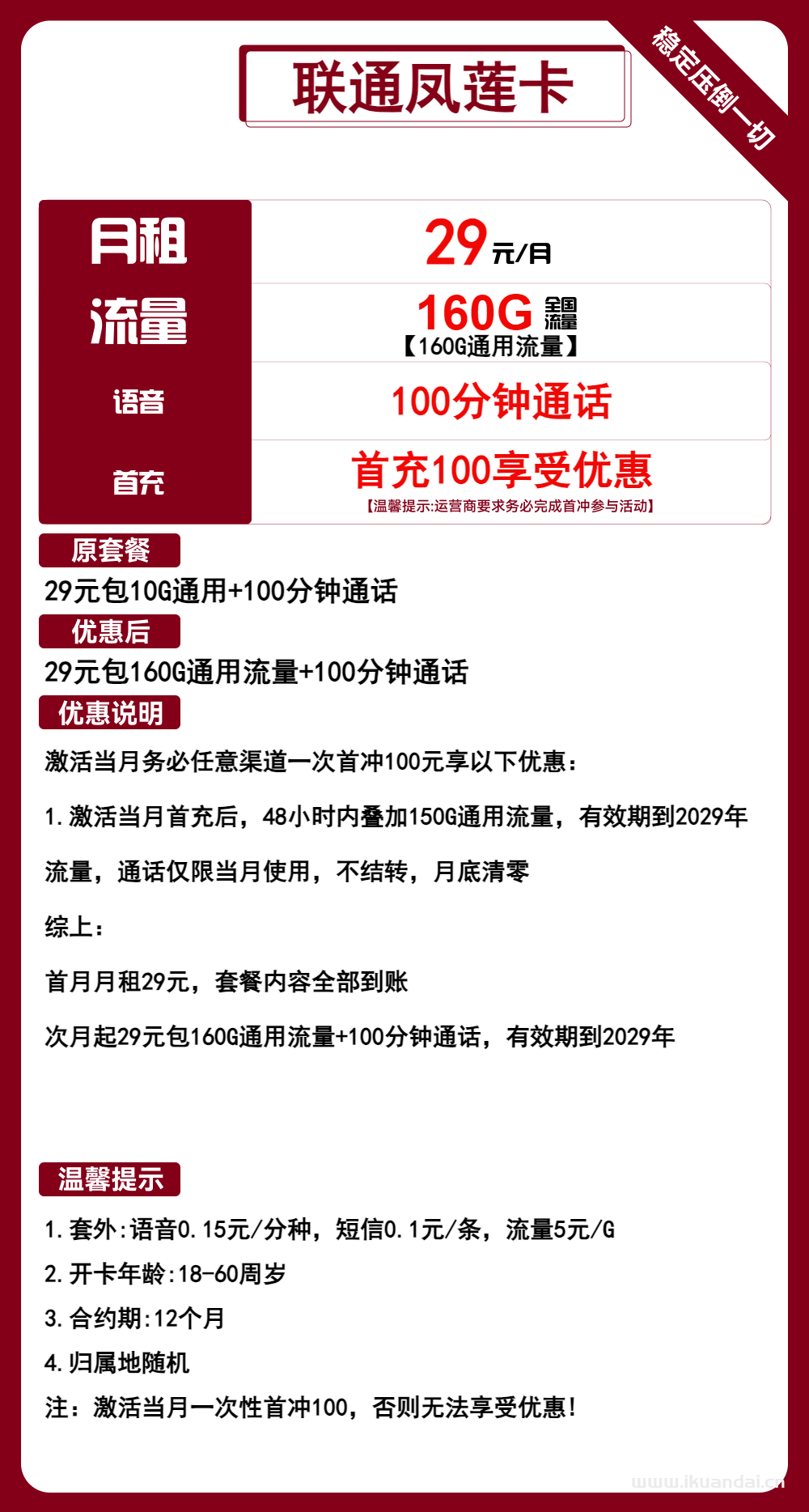 中国联通手机流量卡：29元160G通用+100分钟通话介绍（自助激活,长期套餐申请办理入口）