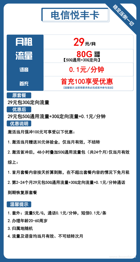 电信大王卡：29元包50G通用流量+30G定向套餐介绍（悦丰卡官方申请办理入口）