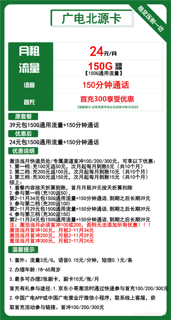 广电手机流量卡：24元包150G通用+150分钟套餐介绍（广电电话卡申请办理）