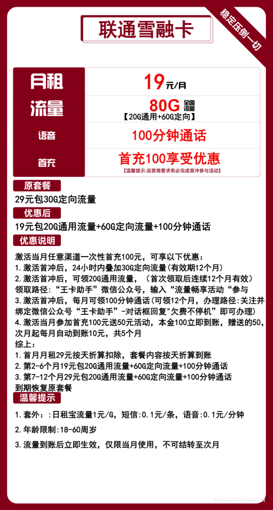 联通大王卡：19元包月80G流量套餐介绍（联通手机卡申请办理入口）