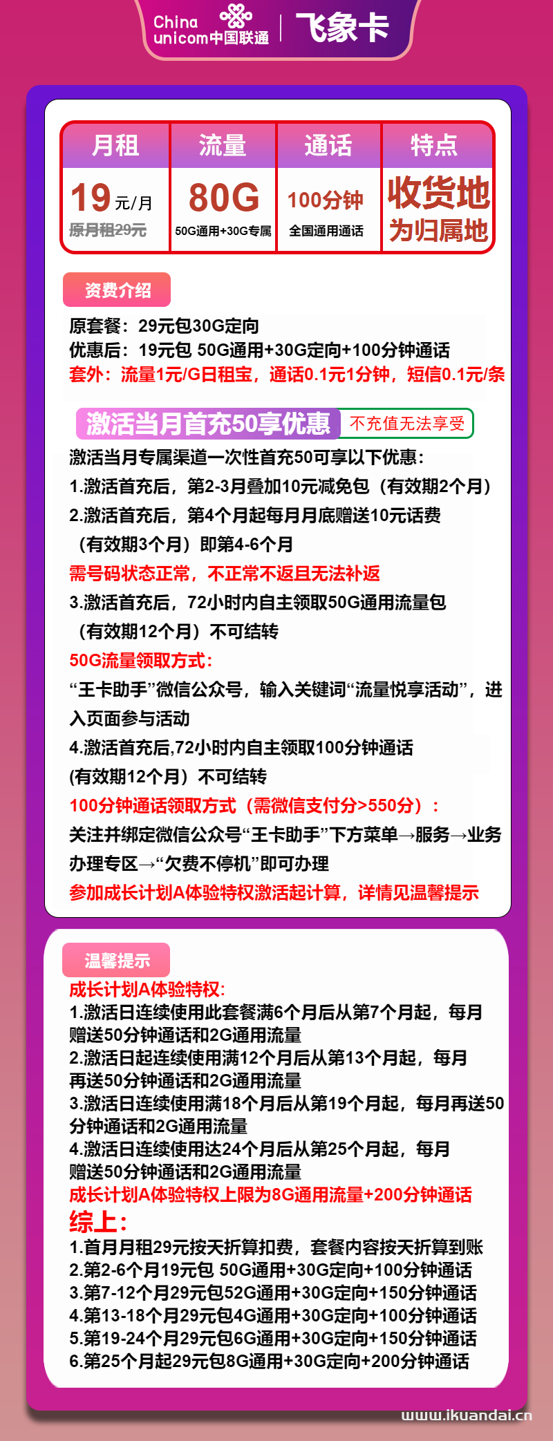2025年联通大王卡：19元50G通用+30G定向+100分钟（联通飞象卡手机套餐申请办理入口）