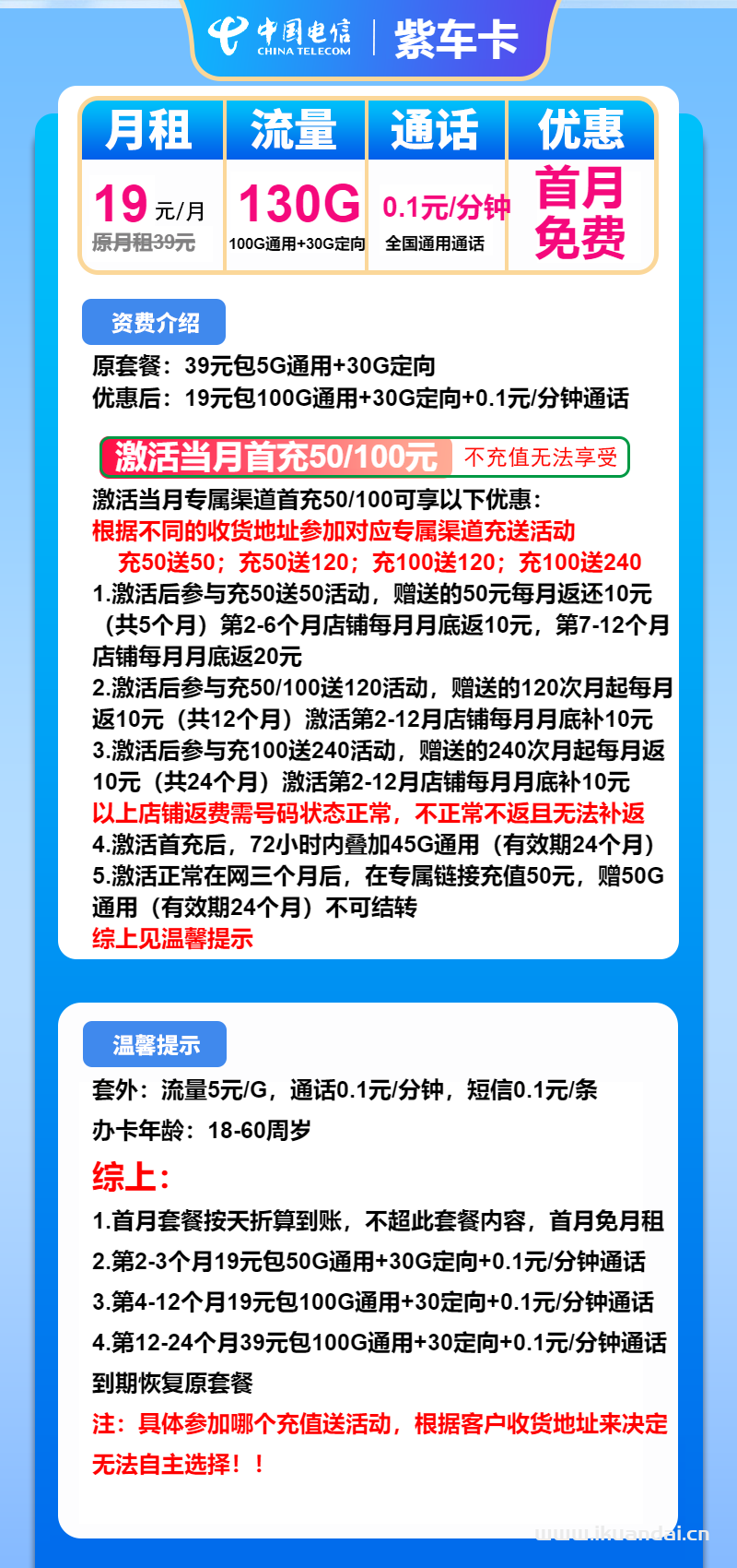 2025年电信紫车卡：19元包100G通用+30G定向+通话0.1元/分钟（电信大王卡申请办理入口）