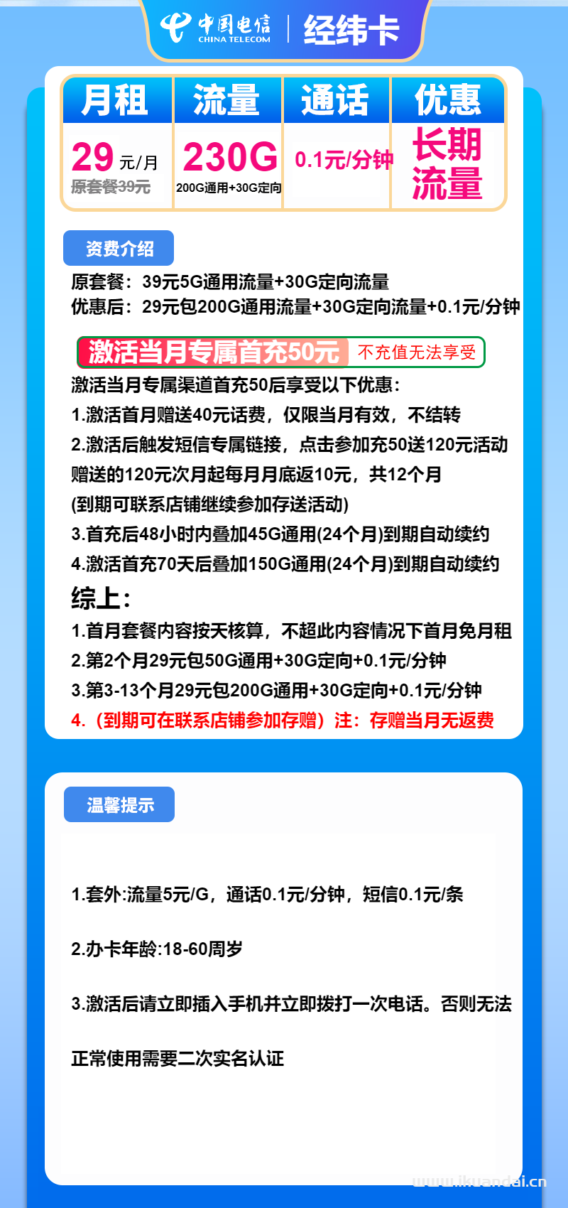 电信经纬卡：29元包200G通用流量+30G定向+通话0.1元/分钟（2025纯流量卡申请办理入口）