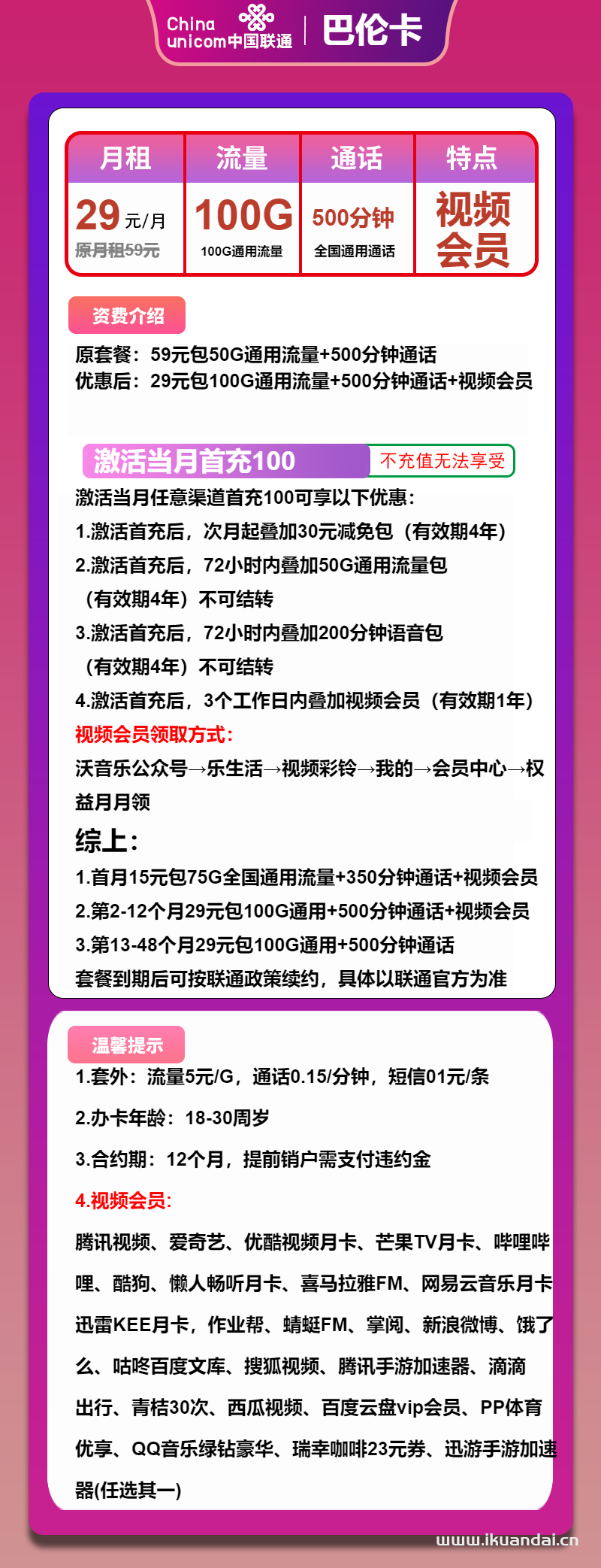 2025年4月联通大王卡29元包100G通用+500分钟+会员申请办理入口