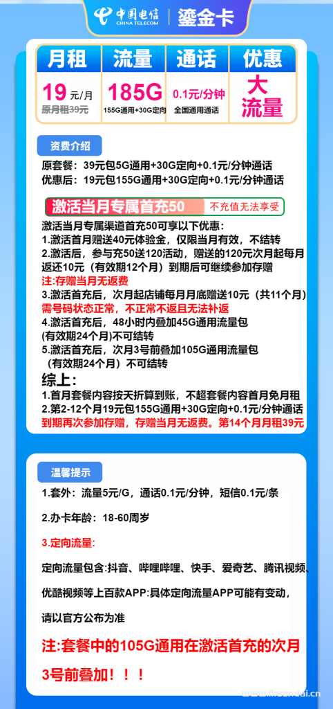 ?2025年电信鎏金卡推荐 | 19元包155G通用+30G定向+通话0.1元/分钟超值流量卡办理攻略?