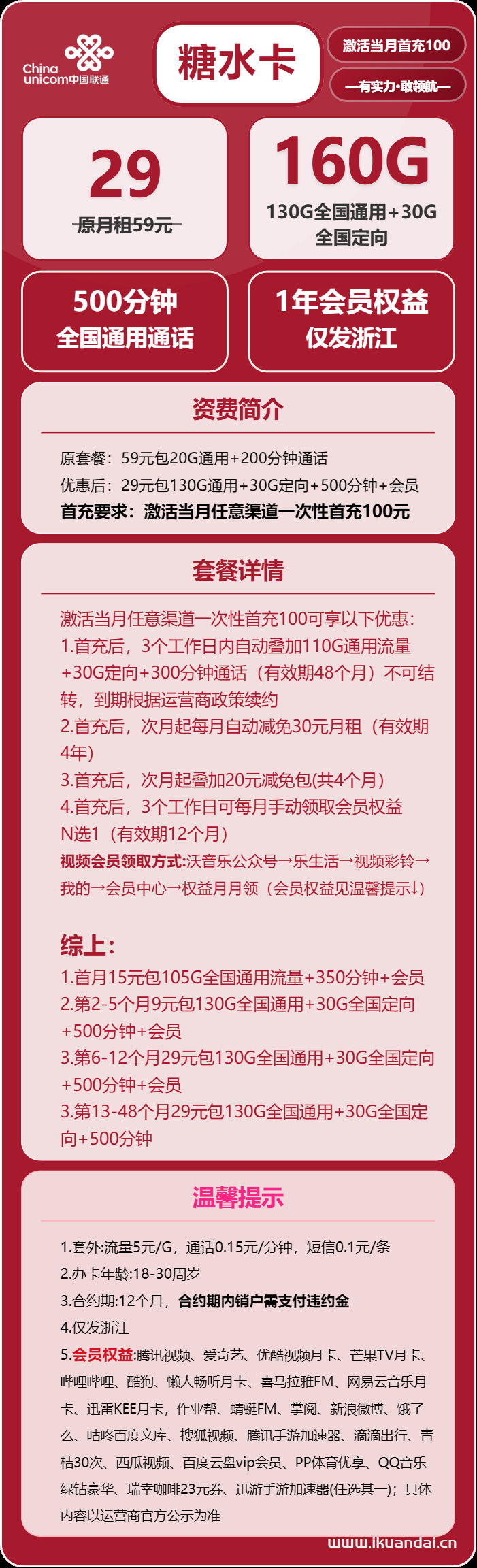 2025年浙江联通流量卡推荐：29元160G流量+500分钟通话+送视频会员申请办理