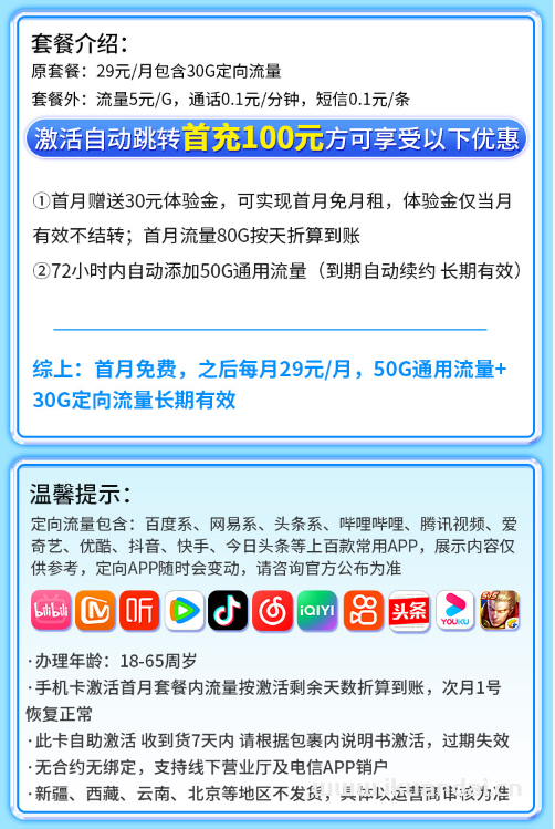 2025年电信手机流量卡推荐：龙凤卡首月免月租，享80G流量，无合约，长期套餐，自主激活申请办理入口