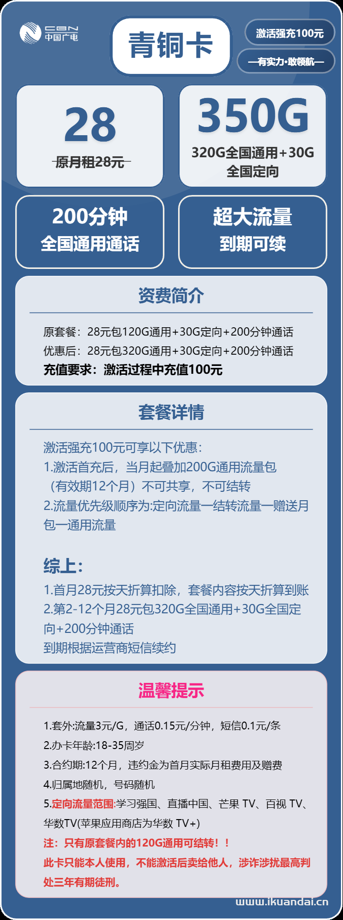 2025年9月大学生校园手机流量卡套餐推荐：广电青铜卡28元包月350G无限流量+200分钟通话官方申请办理入口
